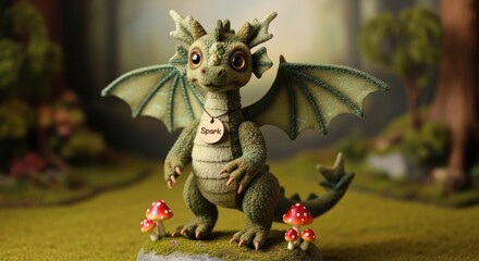 Fototapeta premium A small, green dragon with a tag that says 'Spark' stands on a mossy ground with two small red mushrooms nearby. 