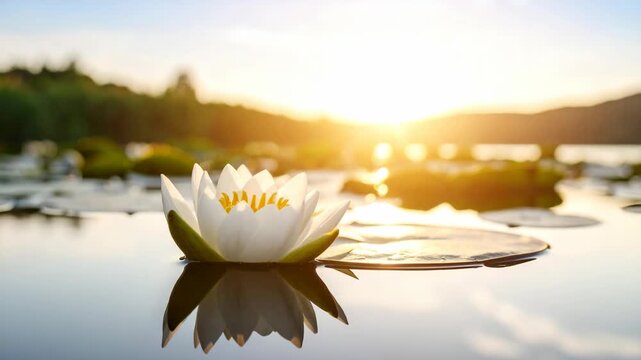 Beautiful white water lily blooming on a calm pond at sunset with golden light reflections