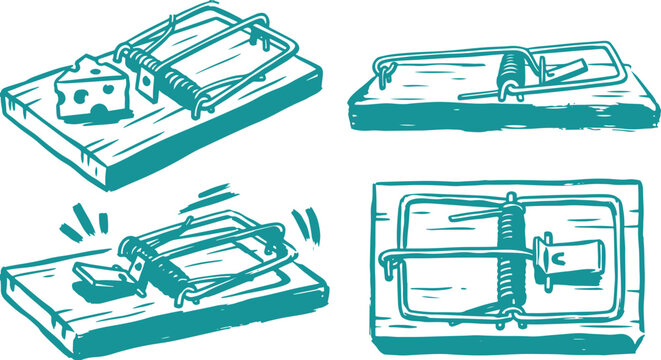 Hand Drawn Mouse Trap Set Vector Illustration, Classic Mousetrap Sketch Collection.