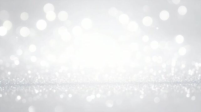 Elegant white bokeh lights and silver shimmering glitter background for festive holiday celebrations and luxury winter events
