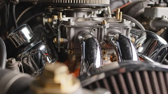 Close-up of a classic car engine with chrome intake manifolds and air filter in vintage style