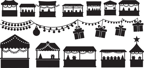Naklejka premium Black and white Christmas market illustration set