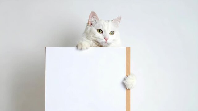 Adorable white fluffy cat holding a blank white poster board with a wooden frame for copy space
