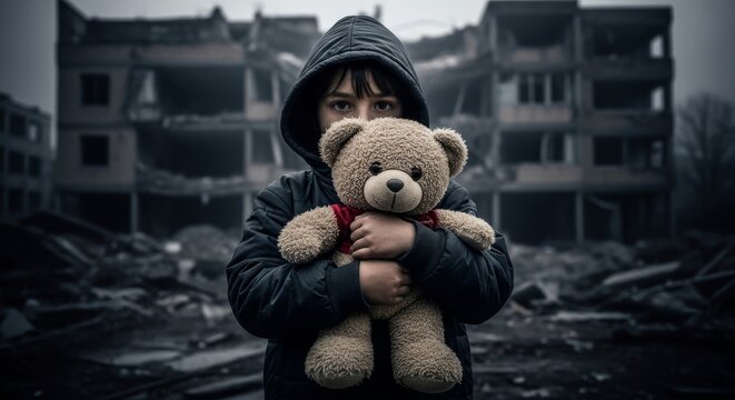 Child holding teddy bear amidst ruins