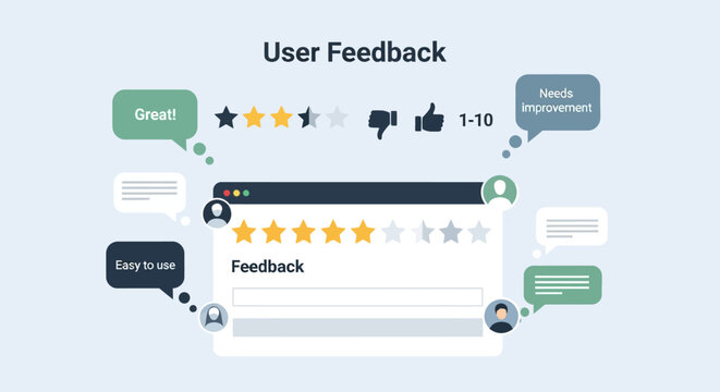 Illustration of user feedback with star ratings and comment bubbles.