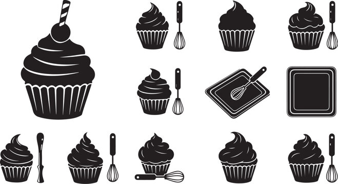 Black and white cupcake illustration set with baking tools