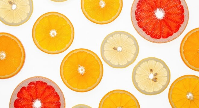 Various citrus slices arranged in a grid pattern on a white background.