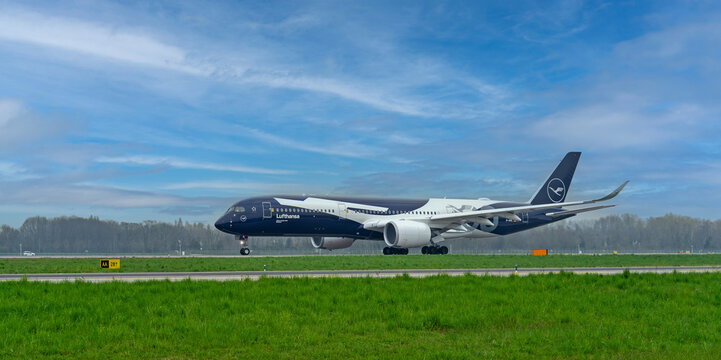 Lufthansa Airbus A350-900 (D-AIXL) 100th Anniversary Livery takes-off at BGY Milano Bergamo international airport