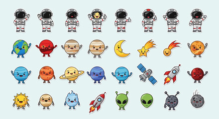 Cute cartoon astronauts, planets, stars, and aliens in colorful space-themed icons. © Rani