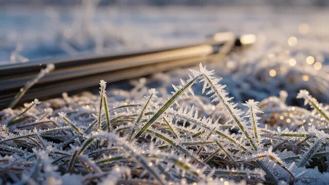 Closeup of Frosty Grass Blades with Bokeh Lights in Winter Morning.