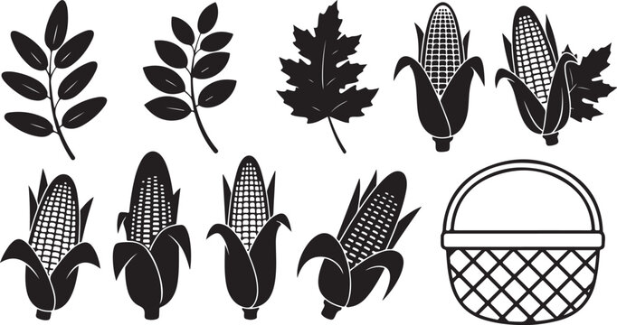 Black and white corn icons with leaves and basket