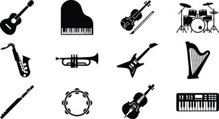 Set of 12 Black Silhouette Musical Instrument Icons Vector Collection for Music Education, Entertainment, and Performance Graphics © Sadia