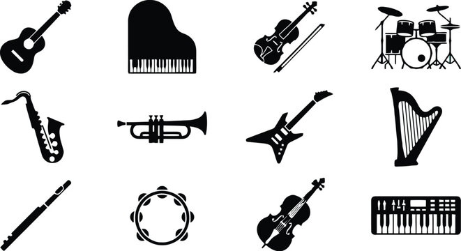 Set of 12 Black Silhouette Musical Instrument Icons Vector Collection for Music Education, Entertainment, and Performance Graphics
