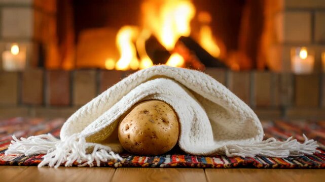 A raw potato wrapped in a warm white blanket sitting on a rug in front of a burning fireplace at home