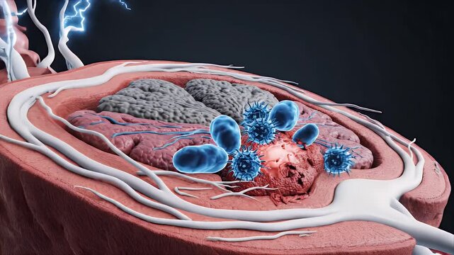 Detailed 3D CGI Medical Animation Illustrating Bacterial and Viral Infection Within Human Tissue Cross-Section With Red and Blue Hues and Electrical Discharge