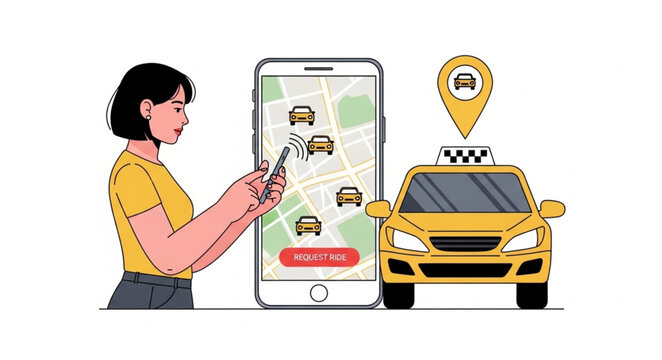 Woman Using Ride Sharing App.