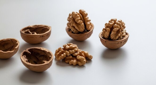 Walnuts in shells and halves, scattered on a white surface with a few empty shells around them.