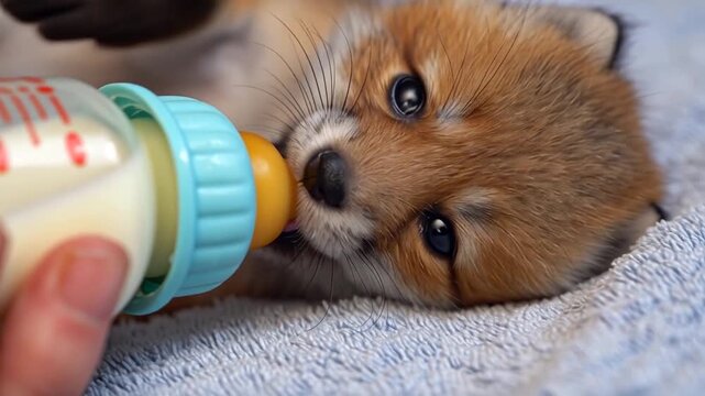 Close-up of an adorable baby fox being bottle fed with milk. Heartwarming wildlife rescue scene showing a tiny fox cub drinking from a feeding bottle.