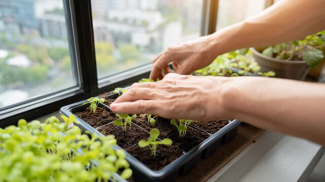 Hands nurturing seedlings in urban home garden with natural light