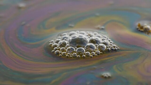 Iridescent oil slick surface with rainbow patterns and floating bubbles, showcasing vibrant colors and liquid textures.