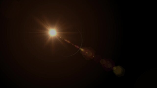 Abstract Warm Sun Flare with Optical Glint and Radiant Glow. Cinematic Golden Lens Flare Overlay with Shimmering Light Leaks. Golden Light Lens Flare with Warm Sun Glare on Black Background