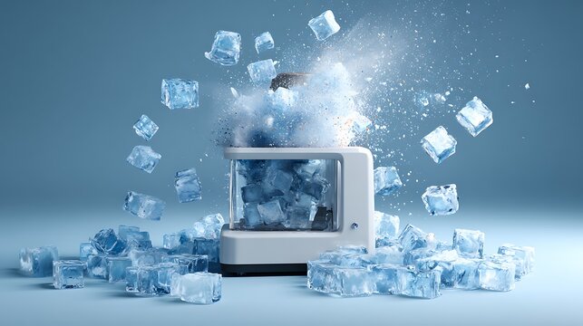 A white ice maker exploding with ice cubes flying everywhere in a blue room.