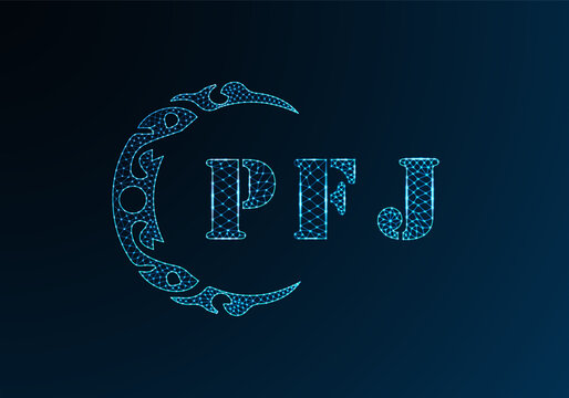 Low poly letter logo PFJ design. PFJ letter logo low poly vector design on blue color gradient background. PFJ logo low poly design