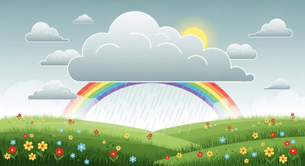 Fototapeta premium A colorful vector illustration of a rainbow emerging from a cloud over a vibrant green field with flowers