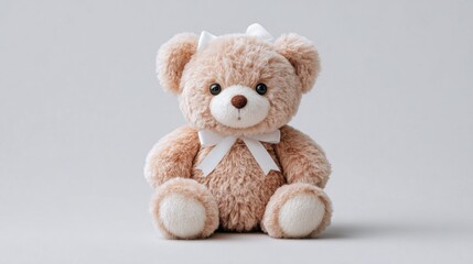 Obraz premium Adorable fluffy teddy bear with a bow sitting on a plain background