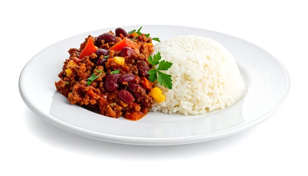 A close-up shot of a plate with chili con carne and a side of rice, garnished with parsley. The dish sits on a white plate