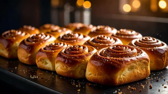 Freshly baked golden brown cinnamon rolls with sweet glaze and sugar crystals on a dark table in a warm kitchen