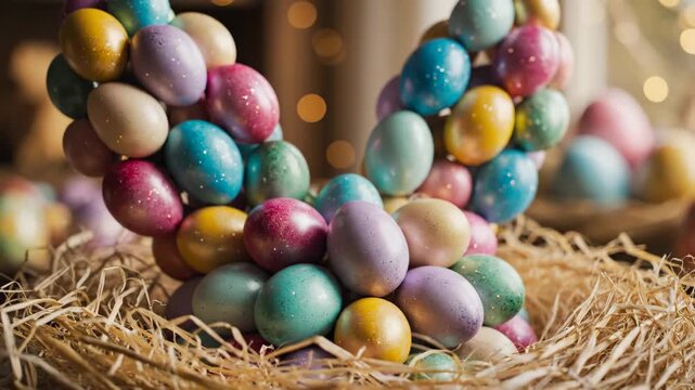 Colorful glittering easter eggs decoration in a nest