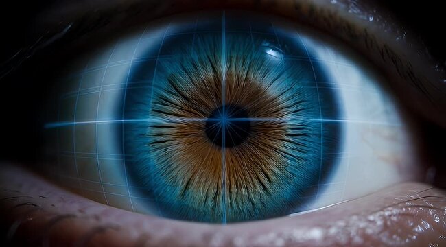 Futuristic human eye close up with tracking grid interface overlayed