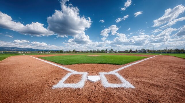 Empty baseball field with home plate and green grass under a cloudy blue sky