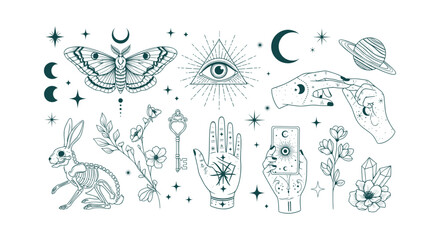 Esoteric Mystical Celestial Elements Set with Moth Rabbit Skeleton Tarot Card Hands and Sacred Signs © Bilkis Islam