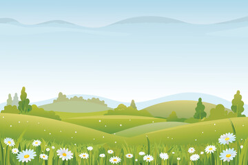 Naklejka premium Green Rolling Hills with Daisy Flowers and Blue Sky Pastoral Landscape Illustration