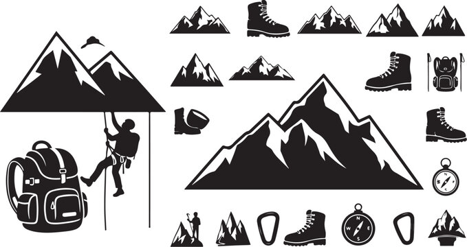 Hiking and climbing icons and mountain silhouettes in black