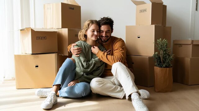 Happy couple relaxing on floor among moving boxes in new home