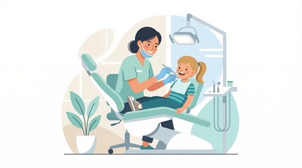 Pediatric Dentist Examining Young Girl's Teeth in Dental Chair, Professional Healthcare Illustration for Children's Dentistry