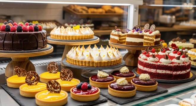 A display of various pastries and cakes in a bakery, with a focus on the colorful and tempting assortment.