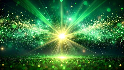 Fototapeta premium Powerful Green Light Burst Abstract Background with Magical Sparkles and Bokeh