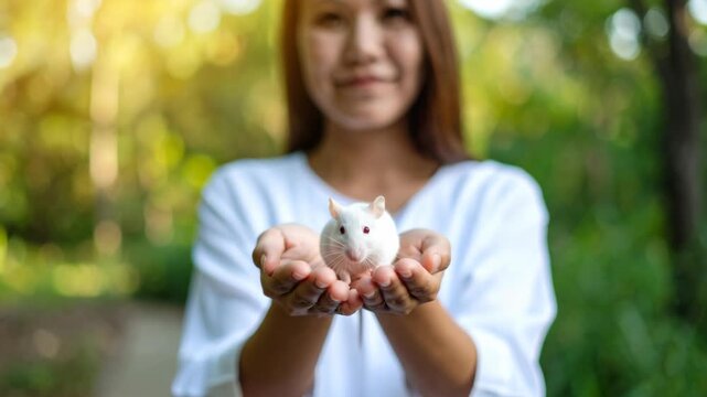 Young woman gently cupping a small white pet mouse in her hands while standing in a sunny outdoor park setting