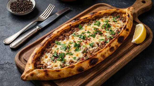 Turkish pide with minced meat and cheese, Boat-shaped flatbread on wooden board, Traditional middle eastern pizza with herbs