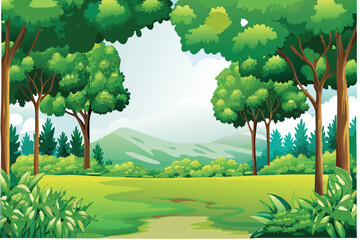 Lush Green Meadow with Winding Path and Distant Hills Under a Cloudy Sky Nature Illustration