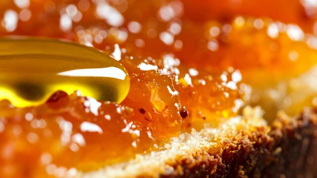 Macro shot of golden honey drizzling onto fresh orange marmalade spread on crunchy toasted whole grain bread