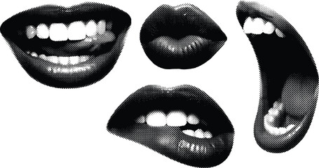 Halftone dots mouth expressions vector collection female lips set biting smiling shouting poses graphic design element © MRSTOCK LAB