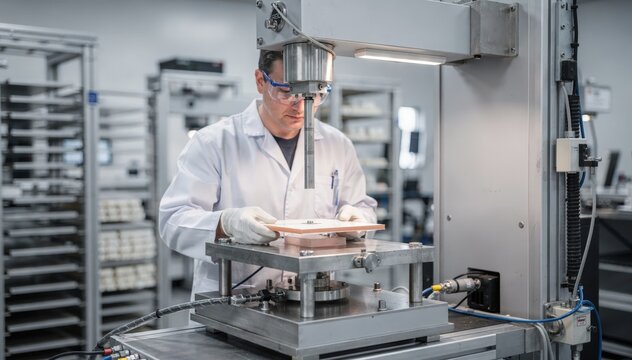 Medium shot of a technician performing a drop test on laminated plastic samples to evaluate impact resistance in a hightech mechanical testing lab environment.