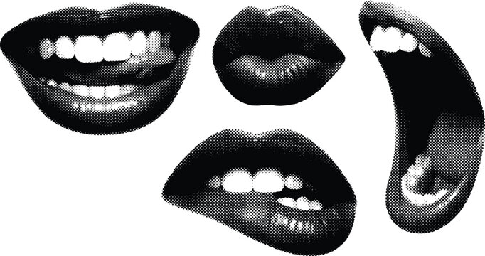 Halftone dots mouth expressions vector collection female lips set biting smiling shouting poses graphic design element