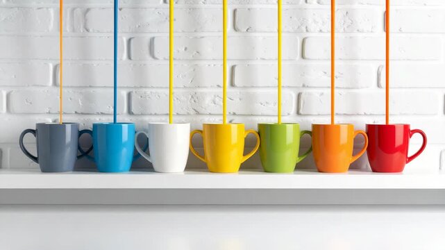 Row of multi colored ceramic mugs on a white shelf with streams of matching liquid pouring from above
