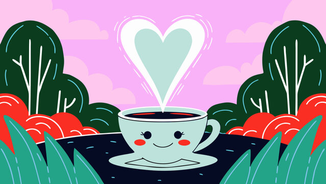 Anthropomorphic coffee cup emits a large heart-shaped steam cloud in a lush outdoor setting with stylized trees and foliage.
